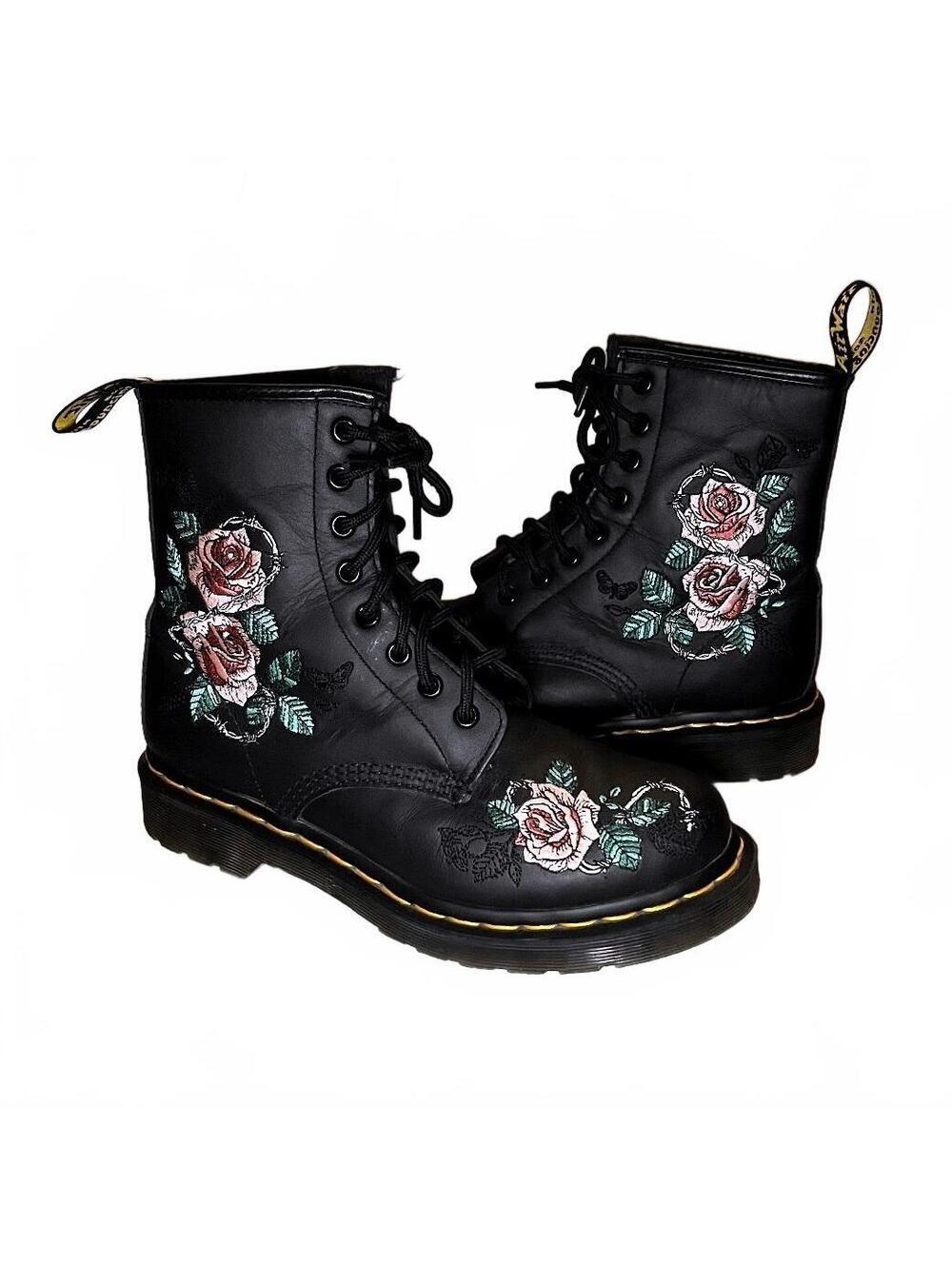 Dr. Martens 1460 Vonda Chain II Black Rose Embroidered Boots Women’s Size 8